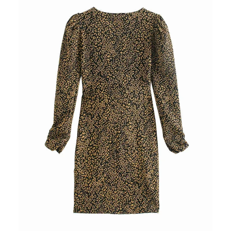 Goud Gedrukt Luipaard Mini Party Jurk Dames Winter Elegante Wrap Lange Mouw Vrouw Vintage Sexy ES 210519