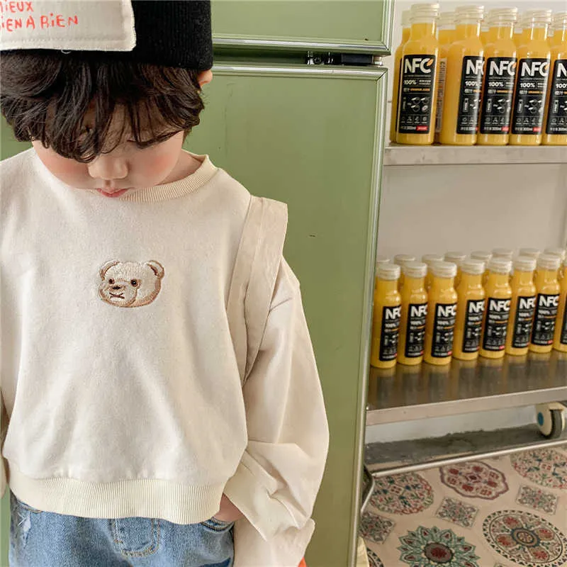 Lente Koreaanse stijl jongens en meisjes cartoon borduurwerk beer lange mouw t-shirts kinderen kinderen katoenen losse sweatshirts tops 210615