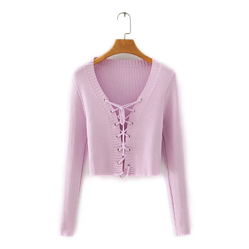 Ezgaga femmes pull automne nouveau violet à manches longues hauts à lacets tricoté Cardigan solide mince bureau dame mince mode 210430