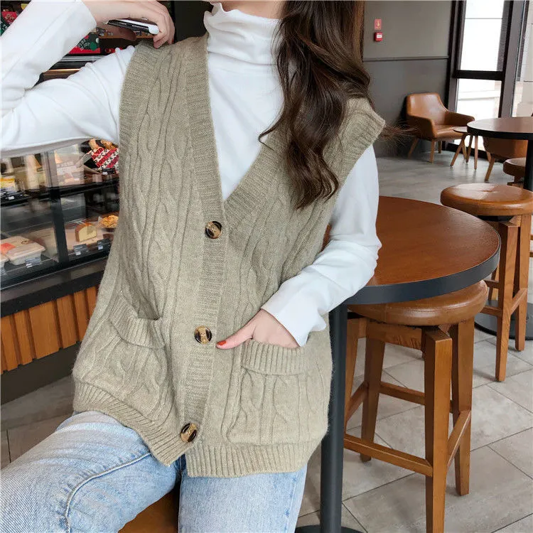 Gilet senza maniche con taschino a righe intrecciato Gilet con scollo a V femminile qui Cardigan con ruches solido monopetto Primavera donna 210427