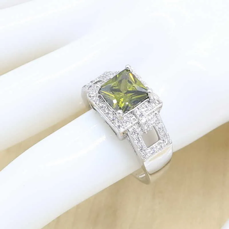 Geometrisk Olive Green Zircon Silver Färg Smycken Set för Kvinnor Bröllop Armband Lång Örhänge Halsband Hängsmycke Ring Födelsedagspresent H1022