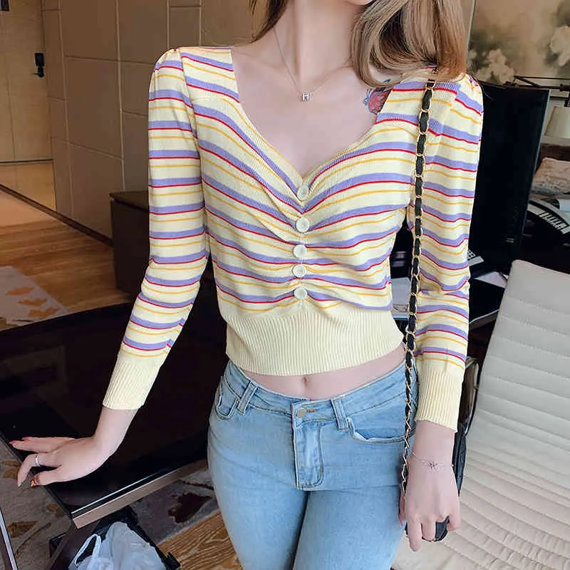 Kobiety V-Neck Paski Dzianiny Crop Topy Dolna Koszula Sweter Wiosna Z Długim Rękawem Kobieta Casual Slim Dziania Koszulki Rośliny 210423