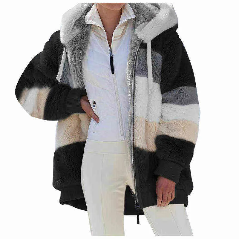 Hiver fausse fourrure femmes manteau à capuche à manches longues Cardigan poches à fermeture éclair lâche Patchwork rayé mode décontracté 211220