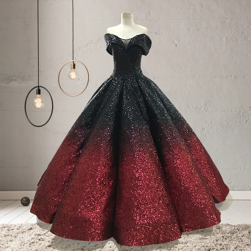 2021 Glitter Cequine Wine Red Even Evening Sukienki Quinceanera Suknia balowa z ramion długie złoto Blingbling Birthday Party Prom Formal 242U