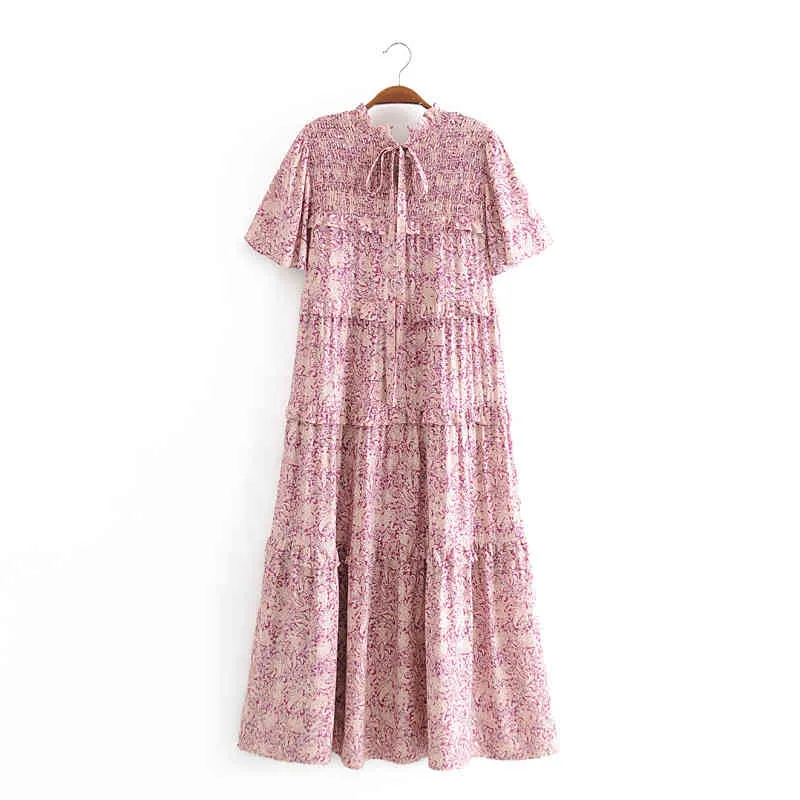 beauty Fashion Boho Vintage Print Midi Dress Women Holiday O-neck Ruffles Summer Loose Ladies Long 210514