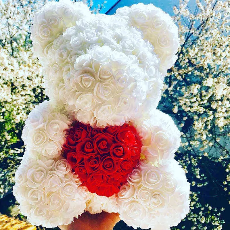 40cm Artificial Rose Heart Teddy Bear Handmade Bear of Roses For Women Valentine's Day Wedding Bithday Gift Drop 211108