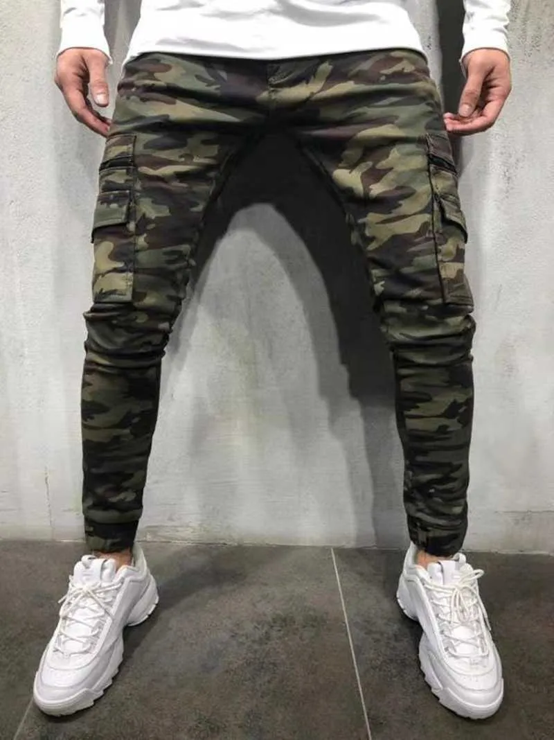 Militär Camouflage Style Jeans Herr Skinny Hip Hop Enfärgade Pencil Jeans Man Slim Jogger Multi-Pocket Cargo Byxor X0621