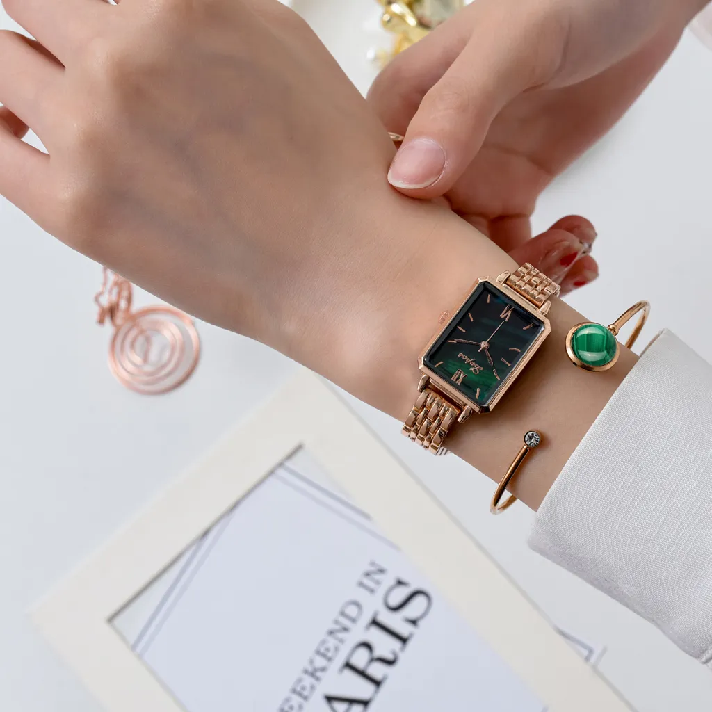 Lvpai varumärke klocka för kvinnor lyxiga fyrkantiga damer handled klocka armband set grön urtavla rosguldkedja kvinnlig klocka reloj mujer241q