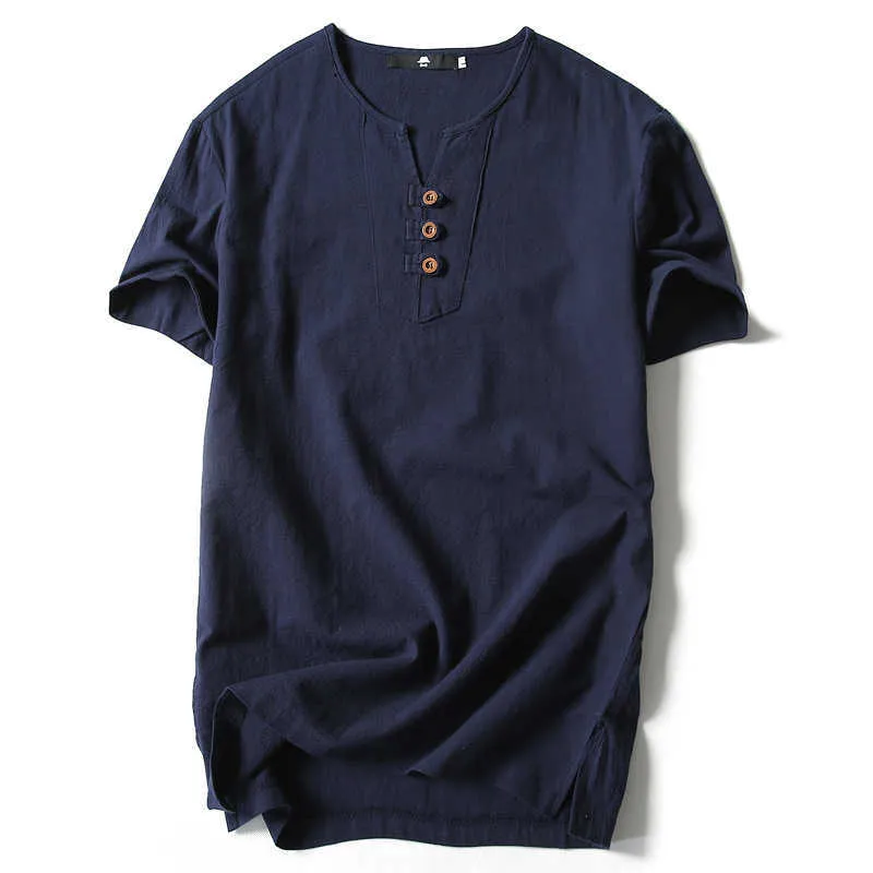Mężczyźni T Shirt Lato Bawełniane Koszulki Casual Krótki Rękaw Chiński Styl Vintage V Neck Tees Plus Size Oversize Black White Topy 210629