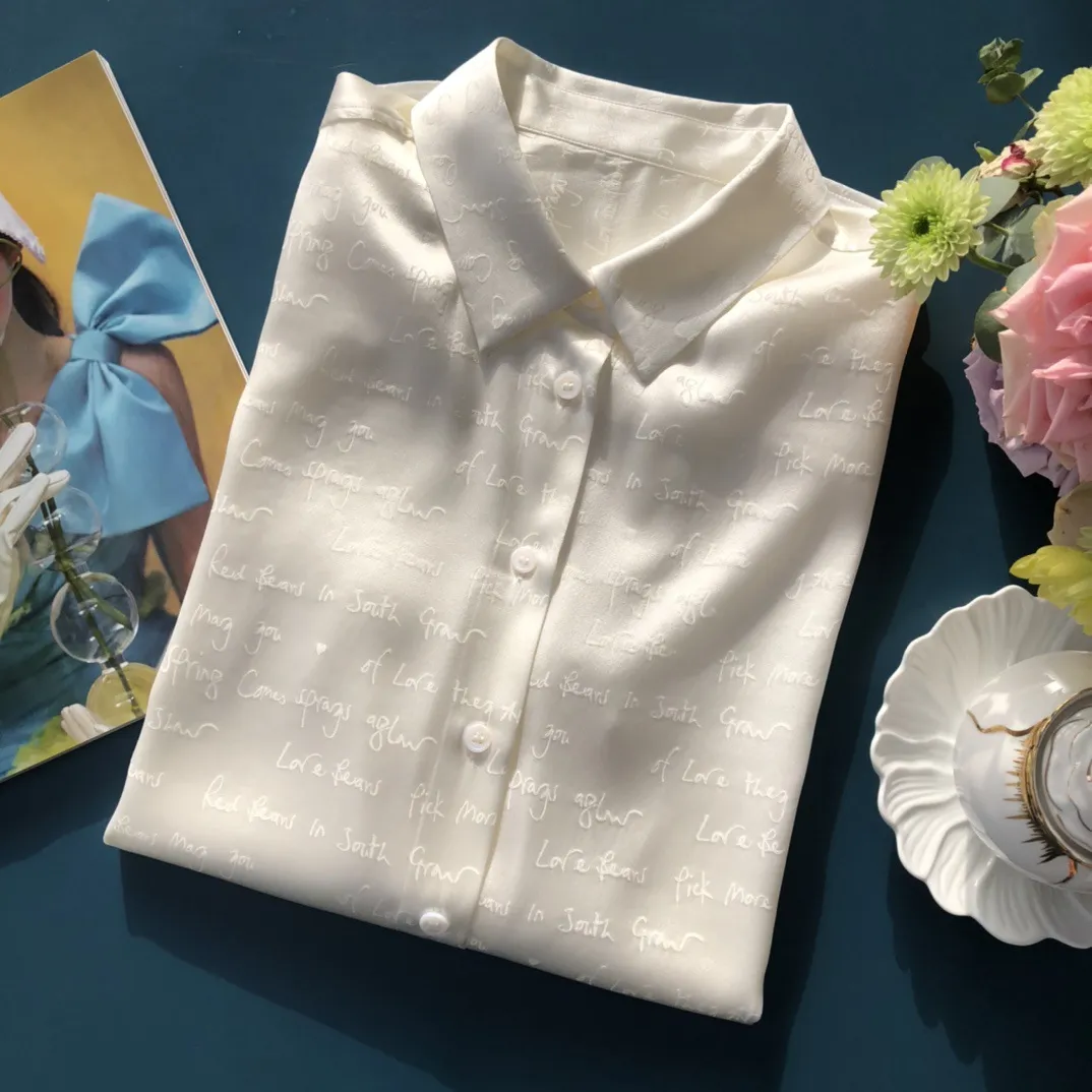 Lente zomer ivoor vaste kleur 21 mm zijde blouse letters shirt met lange mouw revershals knopen met een borte bovenste shirts h3f27sxyzz