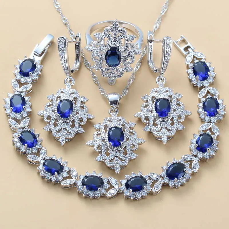 Mulheres Acessórios Do Casamento Prata Cor Azul CZ Jóias Conjuntos Dangle Brincos Colar e Anel para Mulheres Bridal Sets H1022