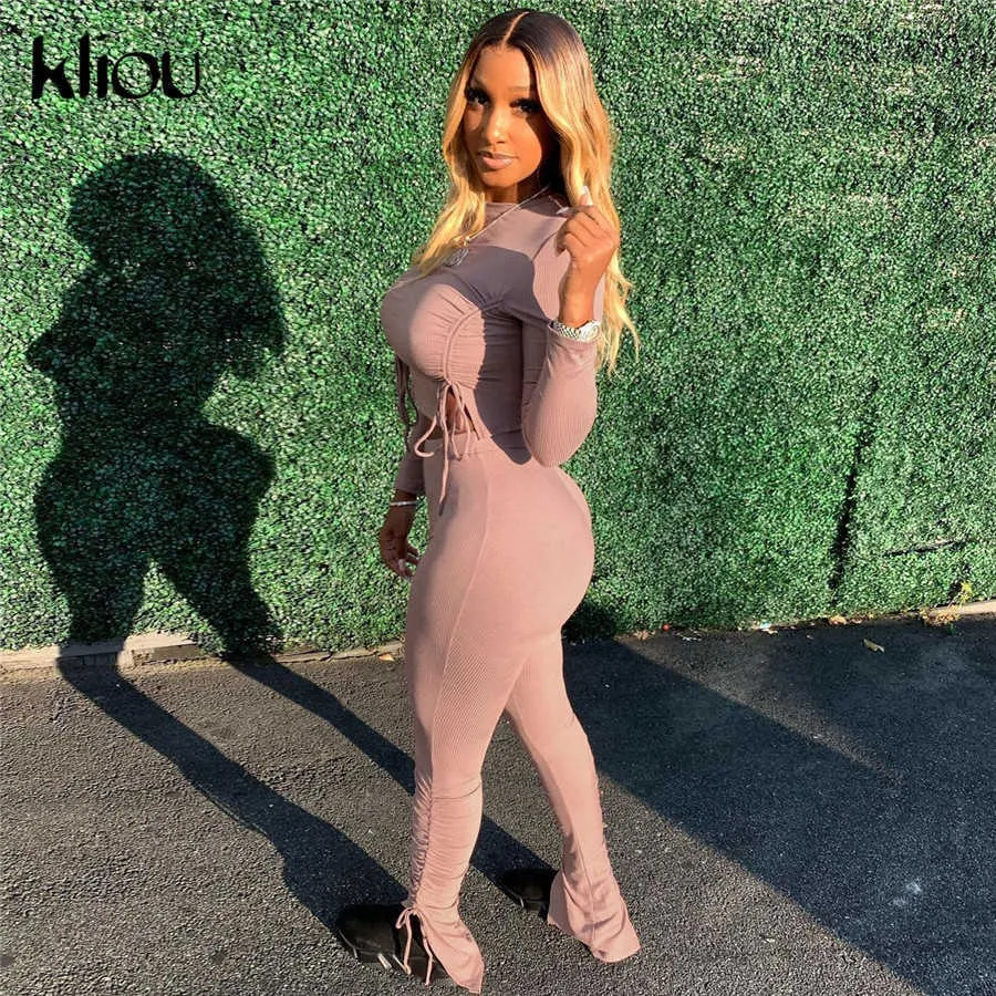 Kliou Ribbed Stickad Solid Två Piece Sats Kvinnor Drawstring Crop Tops + Sträckt Ruched Side Slit Leggings Outfits 210819