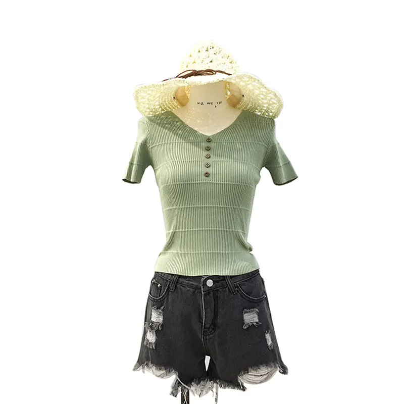 Women T-Shirt Summer Short Sleeve Button V-Neck Casual Pullover Solid Color Tops Female Fashion Clothing 210522
