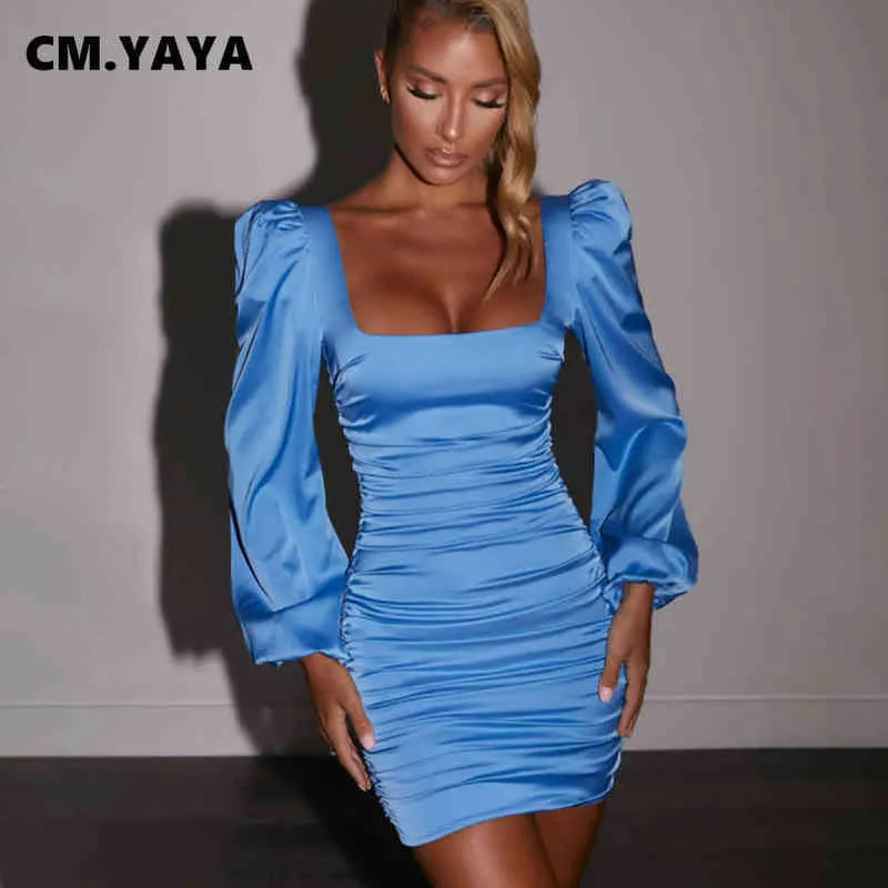 CM.YAYA Taille haute Lanterne à manches longues empilées drapées Midi Robe moulante pour femmes Sexy Club Party Night U-Cou Robes sans dos 211206