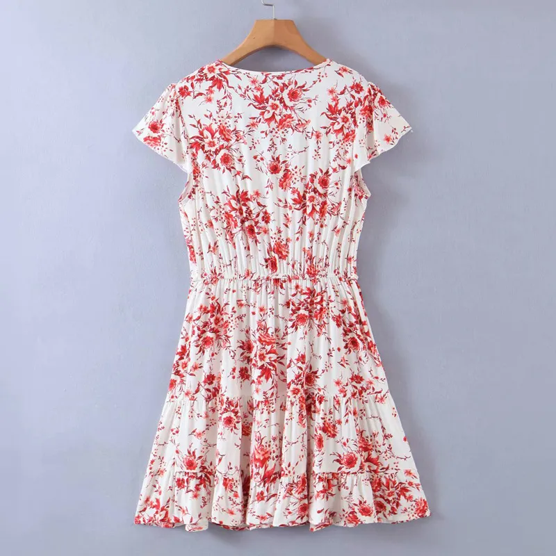 Women Summer Sweet Print Mini Dress Short Sleeve V-Neck Sashes Bow Tie Female Elegant Vintage Floral Dresses Vestidos 210513