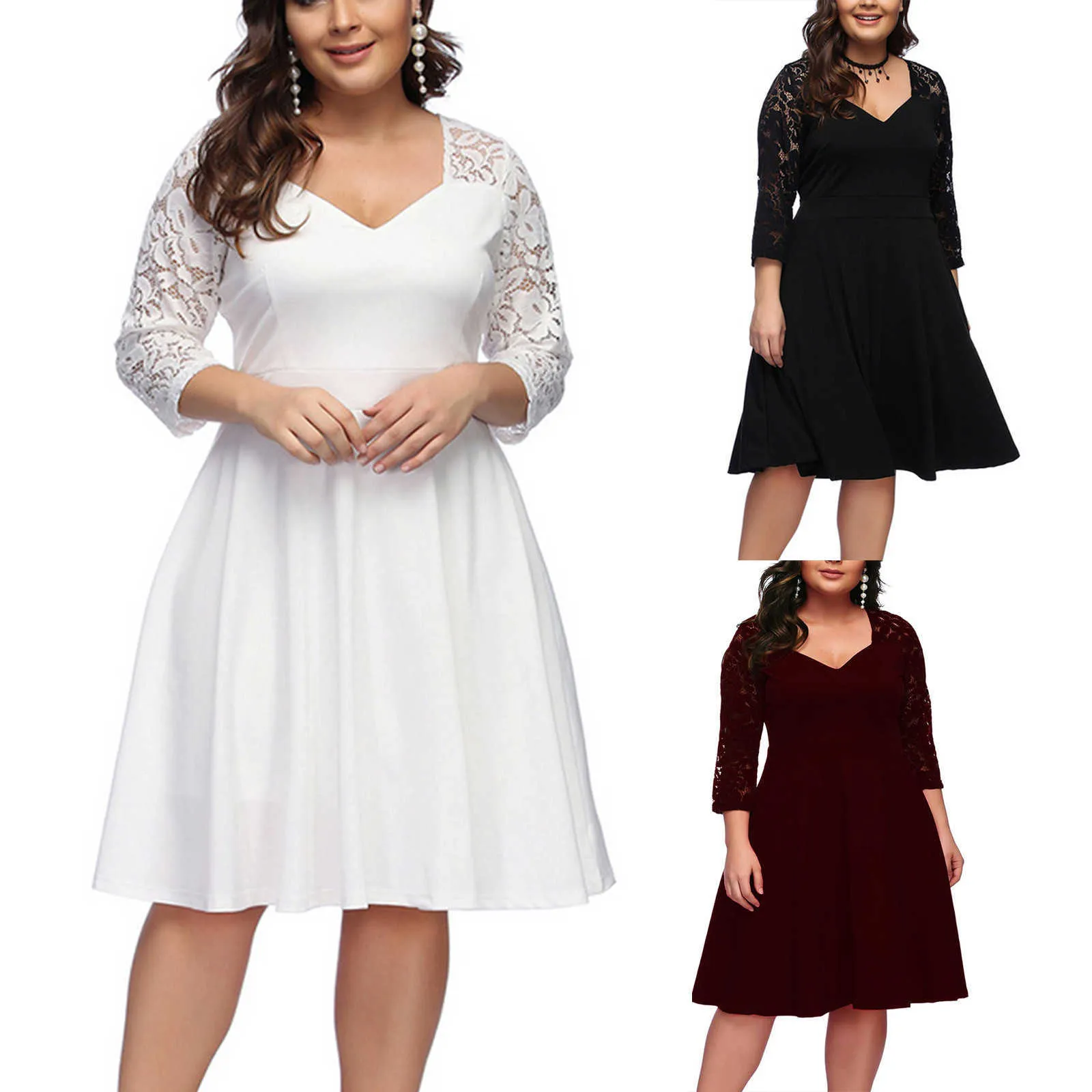 Summer Dress 2021 Damska Sexy V-Neck Koronki 3/4 Sleeve Moda Slim Gruba Girly Plus Size Sukienka Damska Vestido de Mujer Y1006