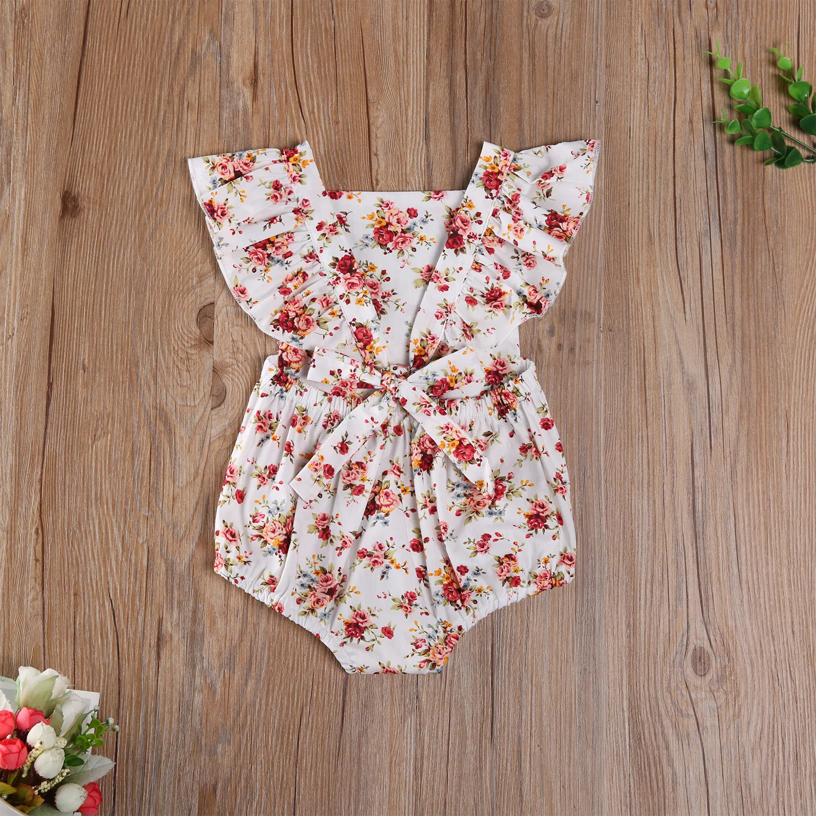 0-18m sommar blomma född spädbarn baby flicka ruffles rompers backless bow jumpsuit solsuit övergripande kläder 210515