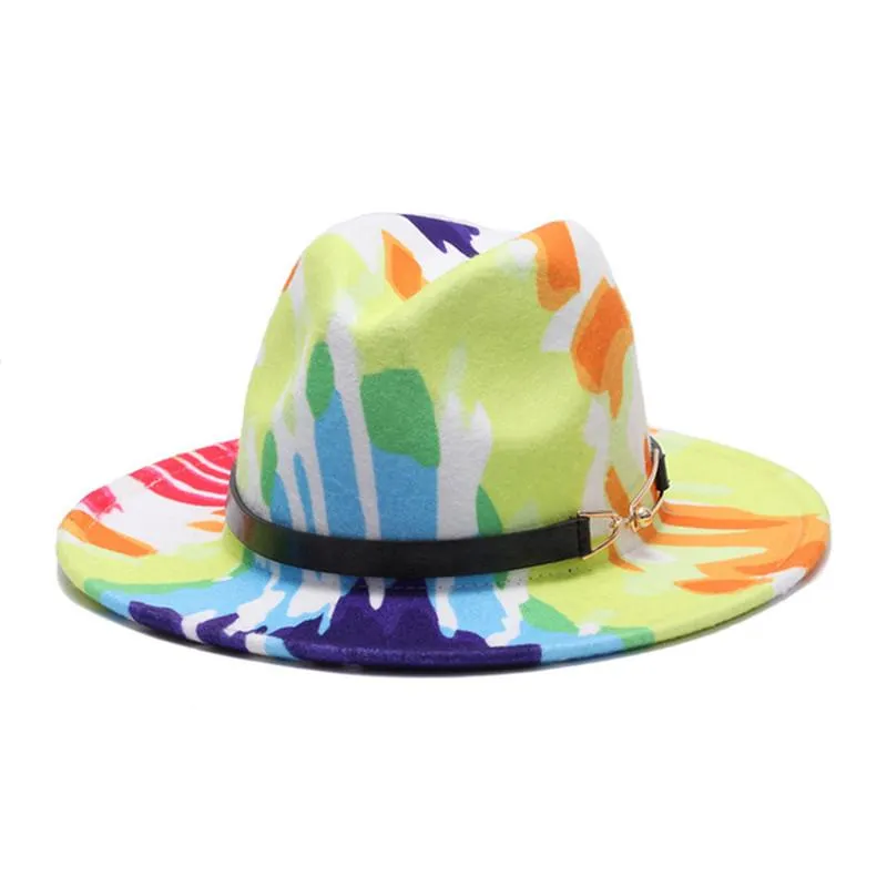 Szerokie brzegowe czapki kolorowe wydrukowane fedora czapka wiosna jesień jasny kolor wełniany jazz mężczyźni kobiety poczuli,