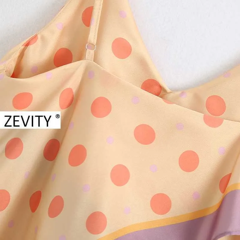 Zevity femmes spaghetti sangle col en v chic blouse blouse dames impression à pois patchwork roupas femininas chemise tops LS6986 210603