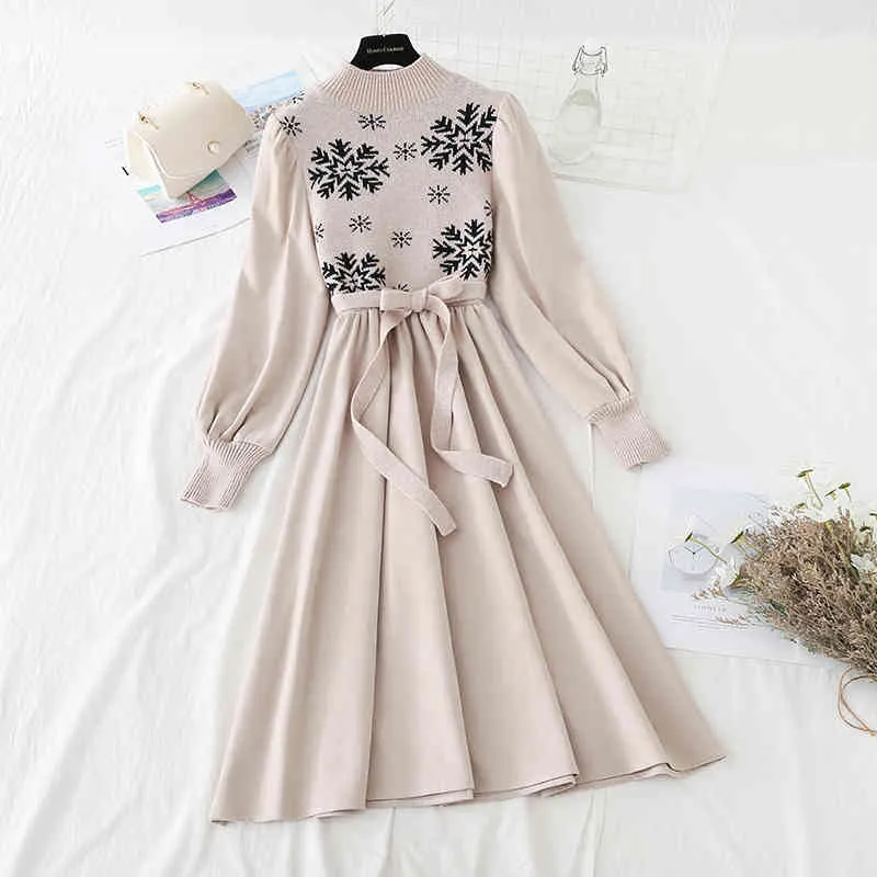 Lente Gebreide Patchwork Damesjurk Koreaanse Puff Sleeve Een lijn Slanke bandage Lange ES Office Lady Elegant Robe 210514