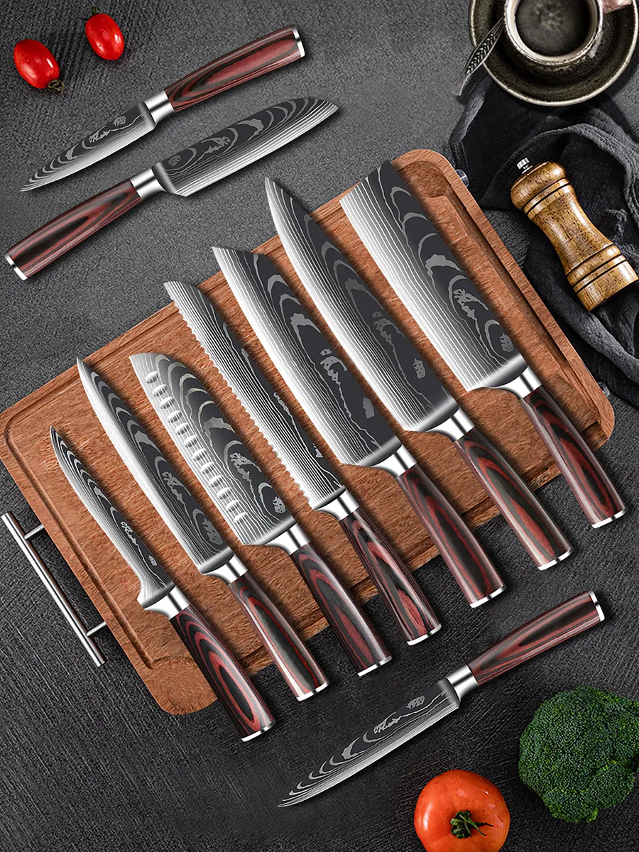 Laser Etched Damascus Pattern Stainless Steel Japanese Knife Set Chef