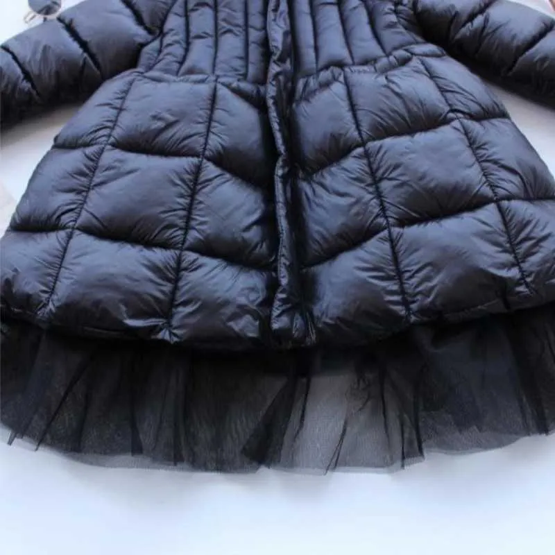 Baby Girl Jacket Winter Long Cotton Padded Toddle Teens Shiny Hooded Down Gauze Child Coat Thick Clothes 3-14Y 211222