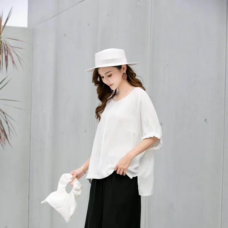 Fashion Ruffled Sleeve Tops Women Fat Solid Linen Wide Leg Pants Summer Large Size Loose Round Neck Mom Shirt 9967 210508
