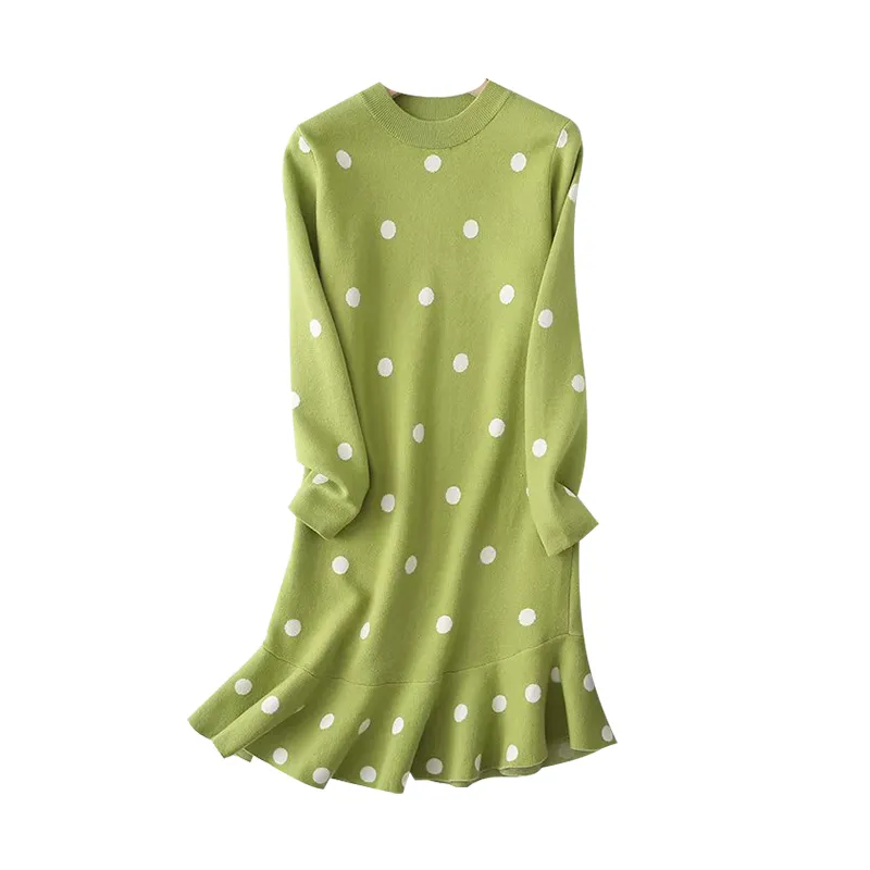 Abito maglione lavorato a maglia a pois elegante da donna Autunno Inverno Abito casual allentato con volant o collo Abiti a maniche lunghe Abiti 210320