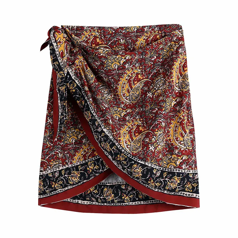 Summer Women Vintage Mini Skirts Wrap Side Bow Tie Print Indie Folk Female Elegant Street Skirt Clothing 210513