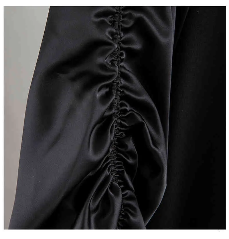 [EAM] femmes noir fermeture éclair plissée épaules nues robe col montant à manches longues coupe ample mode printemps automne 1N069 21512