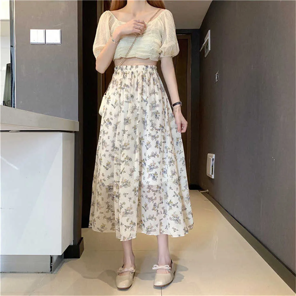 Zwarte chiffon midi long rok vrouwen mode zomer esthetische bloemenprint boho strand elastische hoge taille geplooide rok vrouw 210619