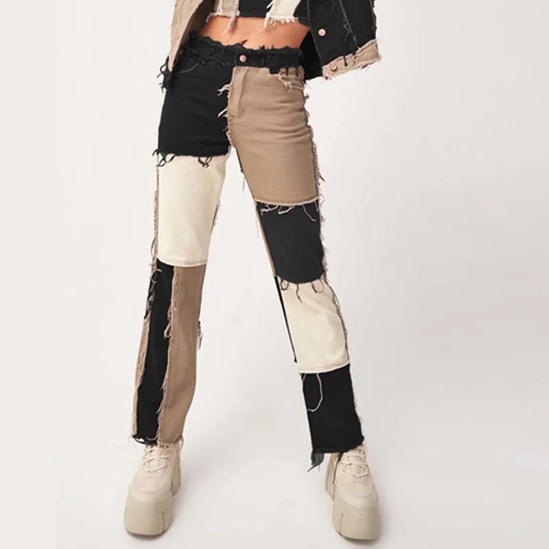 Mode femme taille haute couture couleur jeans mode denim pantalon droit rue hipster pantalon jeans à carreaux 210515
