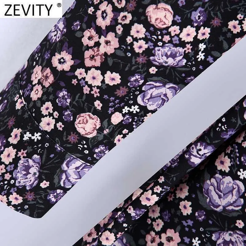 Zevity女性ヴィンテージ紫色の花柄プリントビジネスシャツのドレスオフィスレディVネック弓縛られたサッシカジュアルミニVestidos DS4813 210603