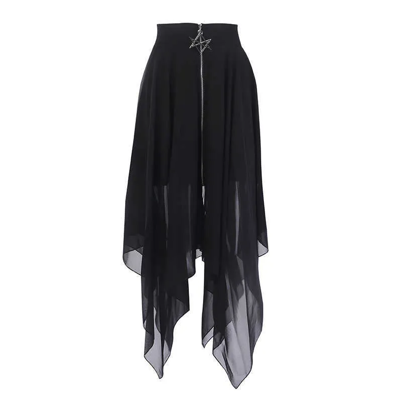 Summer Mesh Irregular Women Skirts Pentagram Zipper Black Punk Skirts Gothic Darkness Lady Skirt Casual Loose Streetwear Skirts Y0824