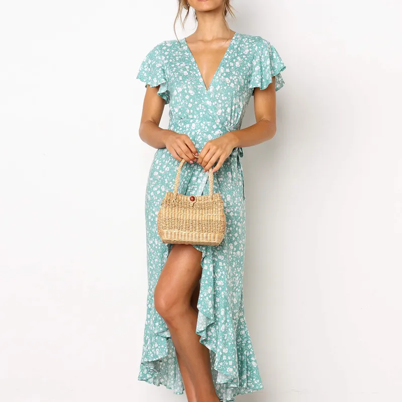Vintage Floral Print Maxi Dress Women Boho short Sleeve Long V-neck Casual Shirt es 210524