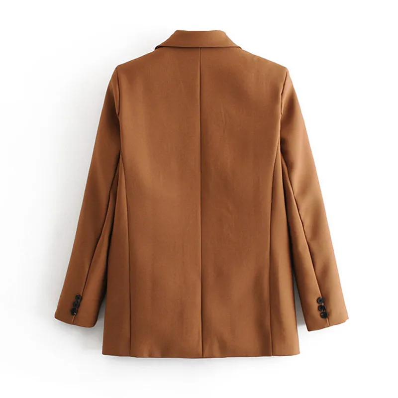 Women brown solid double breasted suit jacket office ladies blazer pockets design work wear tops 210430