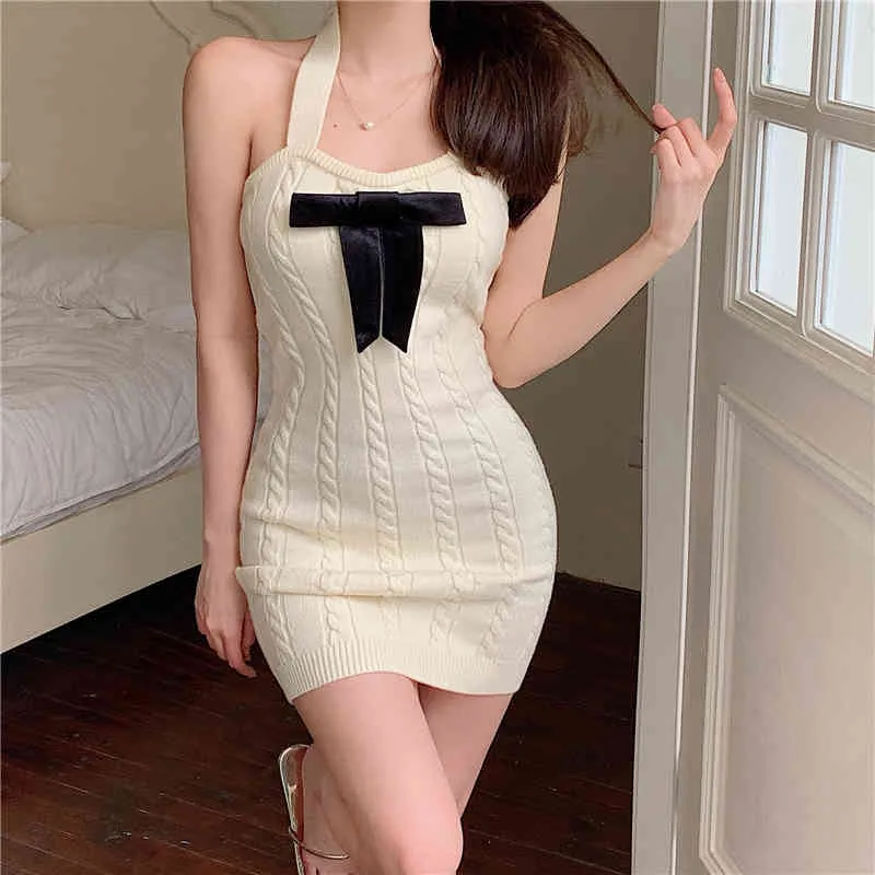 Korobov Knitted Women Dress Korean Elegant Black Bow Slim Halter Female Dresses Summer Sexy Mini Vestidos Femme 210430