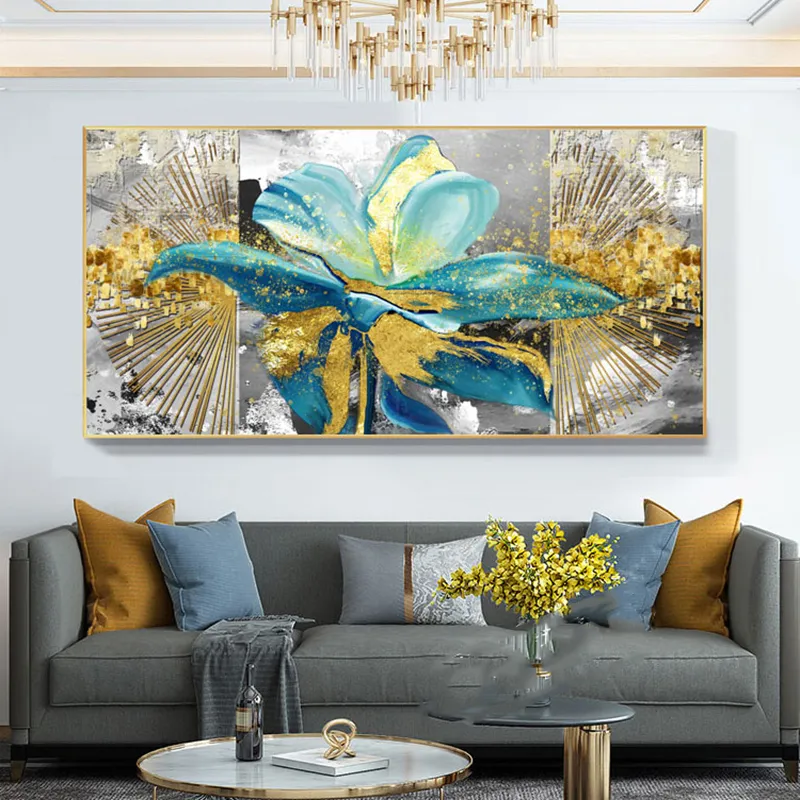 Dipinti su tela di fiori d'oro Arte astratta Poster e stampe Immagini moderne soggiorno Decorazione da parete in lamina d'oro semplice nordica