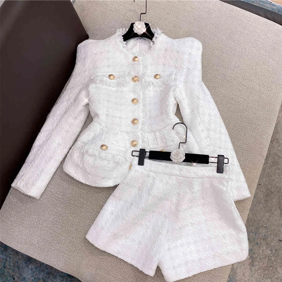Free High Quality Designer Runway Suit Women's Gold Button Tweed Jacket Shorts Set White 210524