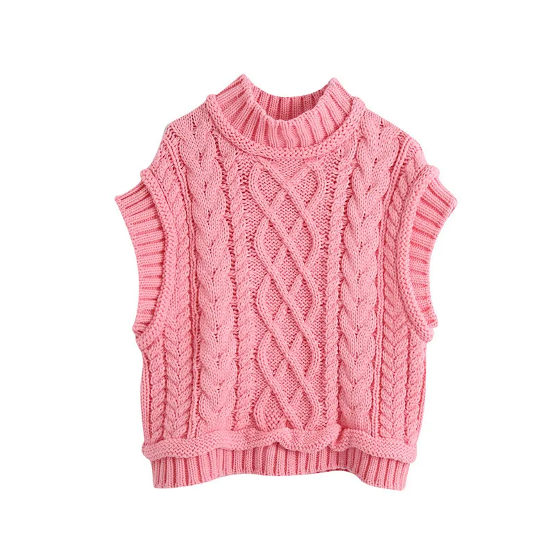 BLSQR doux mode CabLe tricoté récolte gilet pull femmes Vintage col rond sans manches femme gilet rose Chic hauts 210430