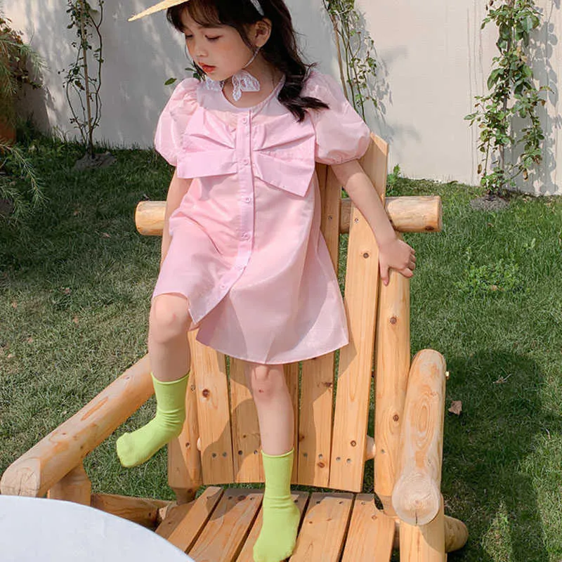 Sommer Mädchen Kleid Mode Hemd Stil Einfache Feste Farbe Puff Hülse Taste Bogen Nähte Baby Kinder Kinder Kleidung 210625