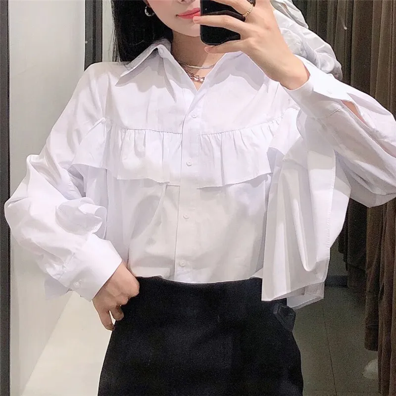 Spring Autumn Women Shirts White Ruffles Loose Oversized Blouses Female Tops BF Korean Style Blusas 210430