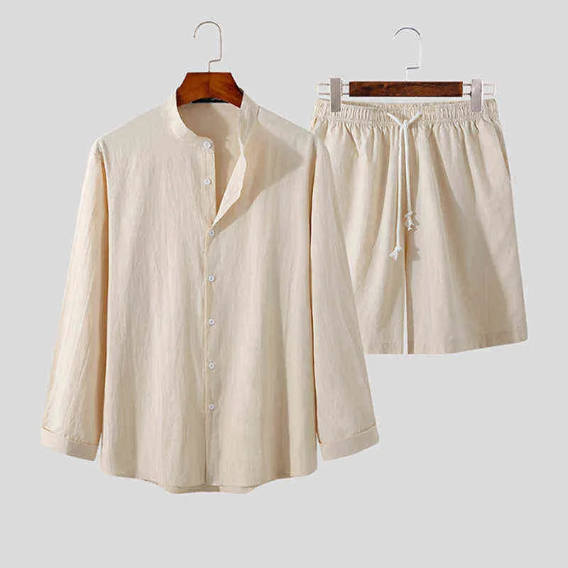 Casual Mens Cotton Linen Sets 2021 Autumn Fashion Solid Camicie a maniche lunghe e pantaloncini Abiti uomo Abiti a due pezzi Streetwear G1222