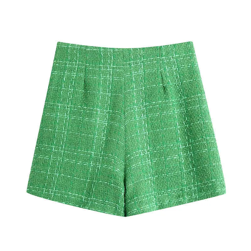 Casual Tweed Vert Shorts D'été Taille Haute Streetwear Zipper Femmes Mode Femme Bas 210430