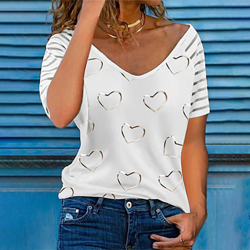 Sommer Damen Casual V-Ausschnitt Reißverschluss Weißes T-Shirt Mode Kurzarm Herzdruck Lose Tops Lady Streewear Plus Größe S-5XL 210526