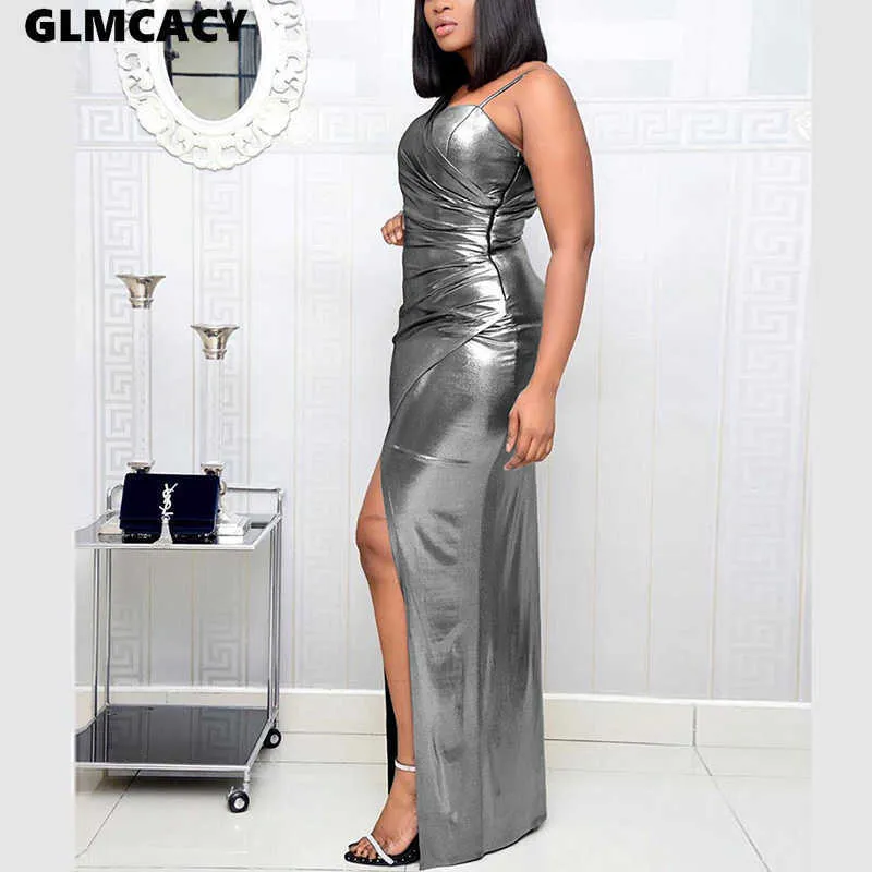 Femmes une épaule haute fente Maxi robe métallique moulante longue robe soirée Club fête Vestidos 210702