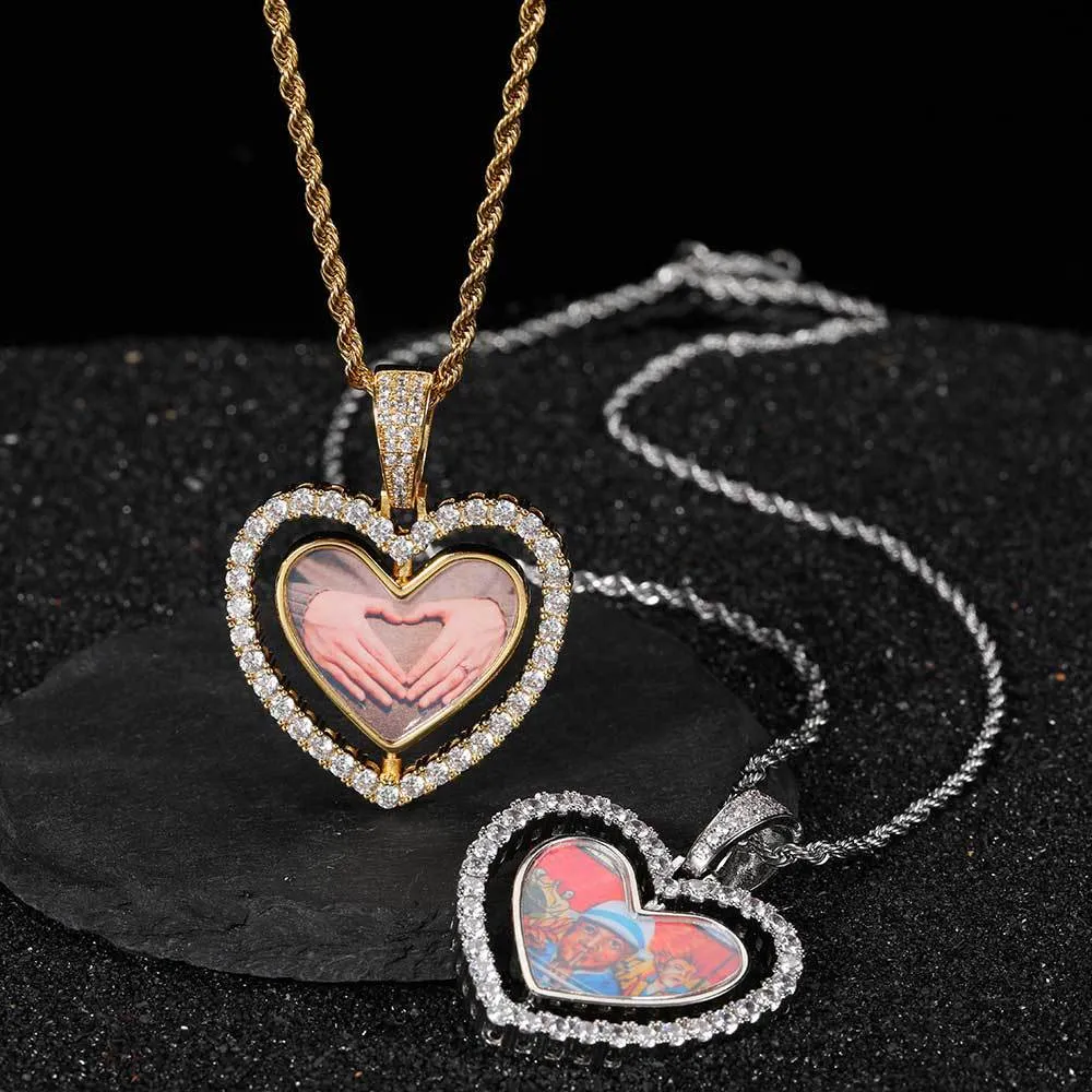 Customize Lover Heart Memorial Photo Pendant Necklace Rotatable Double Sides