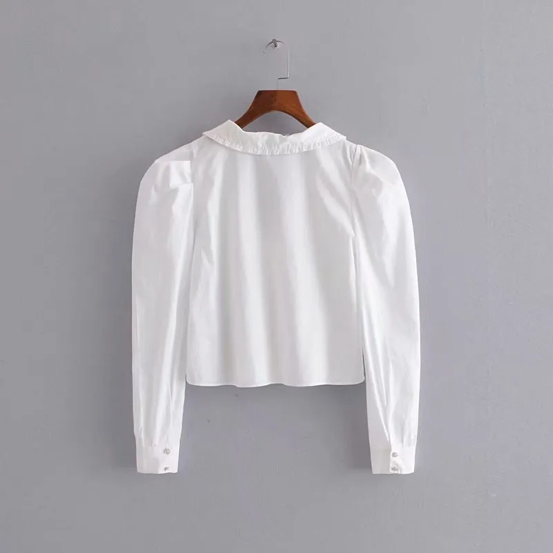 Stilvolle schicke weiße Popeline-Schmuckschnalle kurze Bluse Mode Reverskragen Langarmhemden Tops Casual High Street 210520