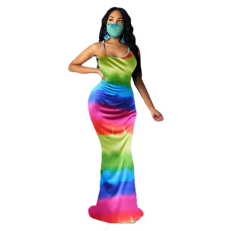 Colorido Listrado Mulheres Impressa Mulheres Celebridade Midi Elegante Festival Sexy Clube Partido Spaghetti Strap Vestidos Vestidos Feminino 210525