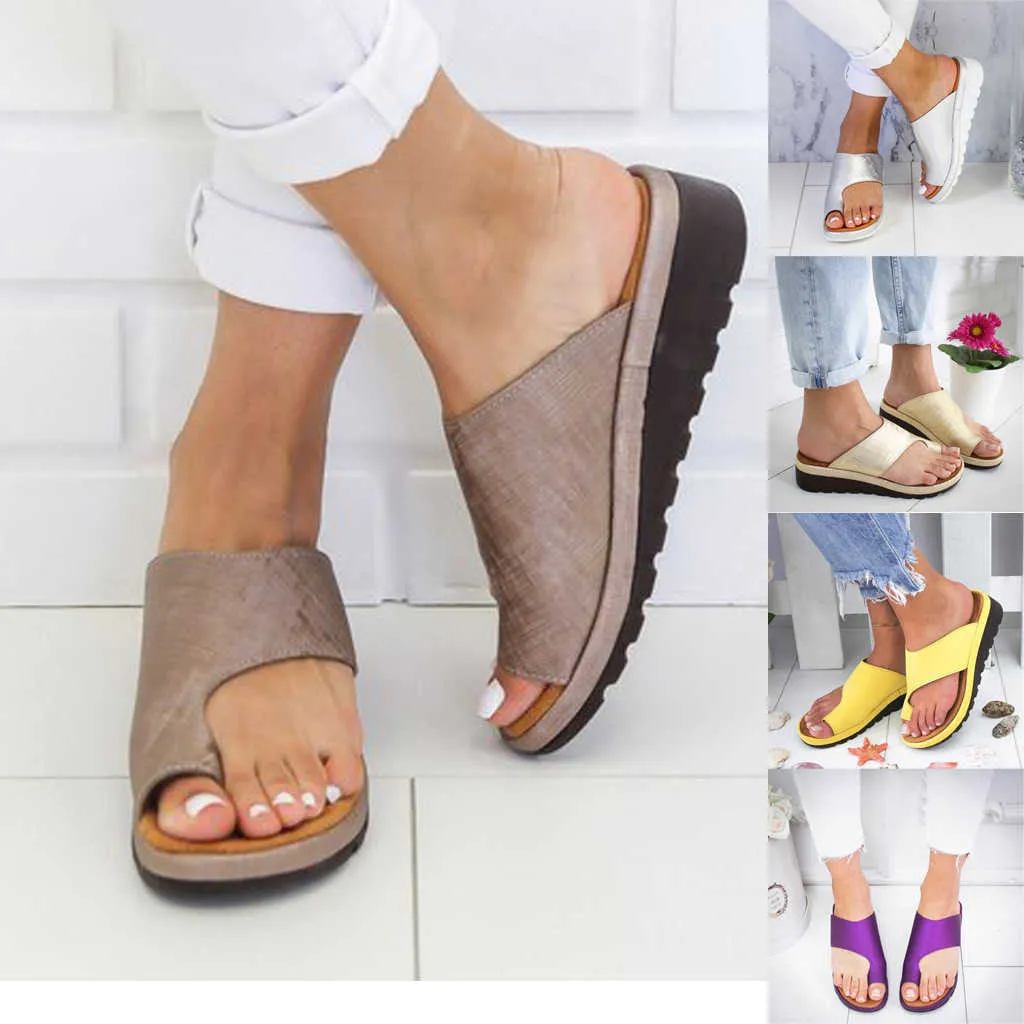 여성 샌들 2020 새로운 여성 신발 편안한 플랫폼 플랫 솔 정형 외과 구정 부기 플러스 사이즈 35-43 캐주얼 신발 여성 Y0721